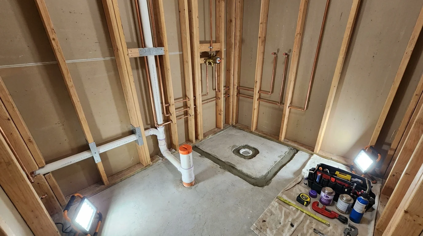Bathroom rough-in plumbing during remodel by Johns Plumbing LLC in Fairhope