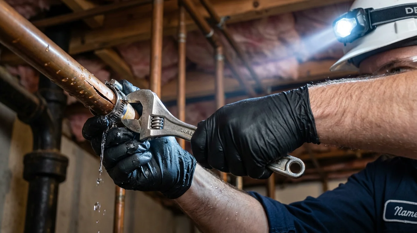 Emergency pipe clamp repair being performed by a Johns Plumbing LLC plumber in Fairhope