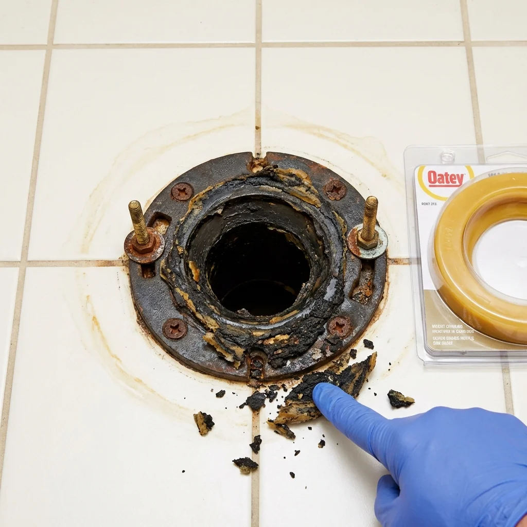 Failed wax ring showing water seepage at the base of a toilet in a Fairhope, AL home