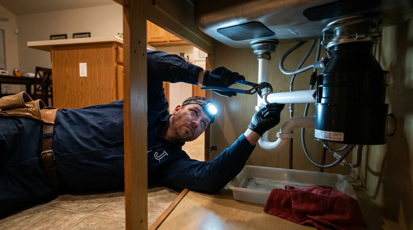 P-trap and supply line connections under a kitchen sink showing a common leak point in Fairhope, AL